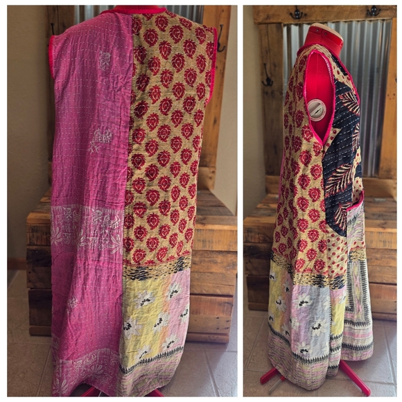 Upcycled Kantha Quilt Long Vest L-XL Handmade Dont Throw It Out - Picture 2 of 5